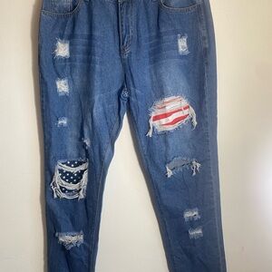 Distressed Blue Jeans with American Flag Patches